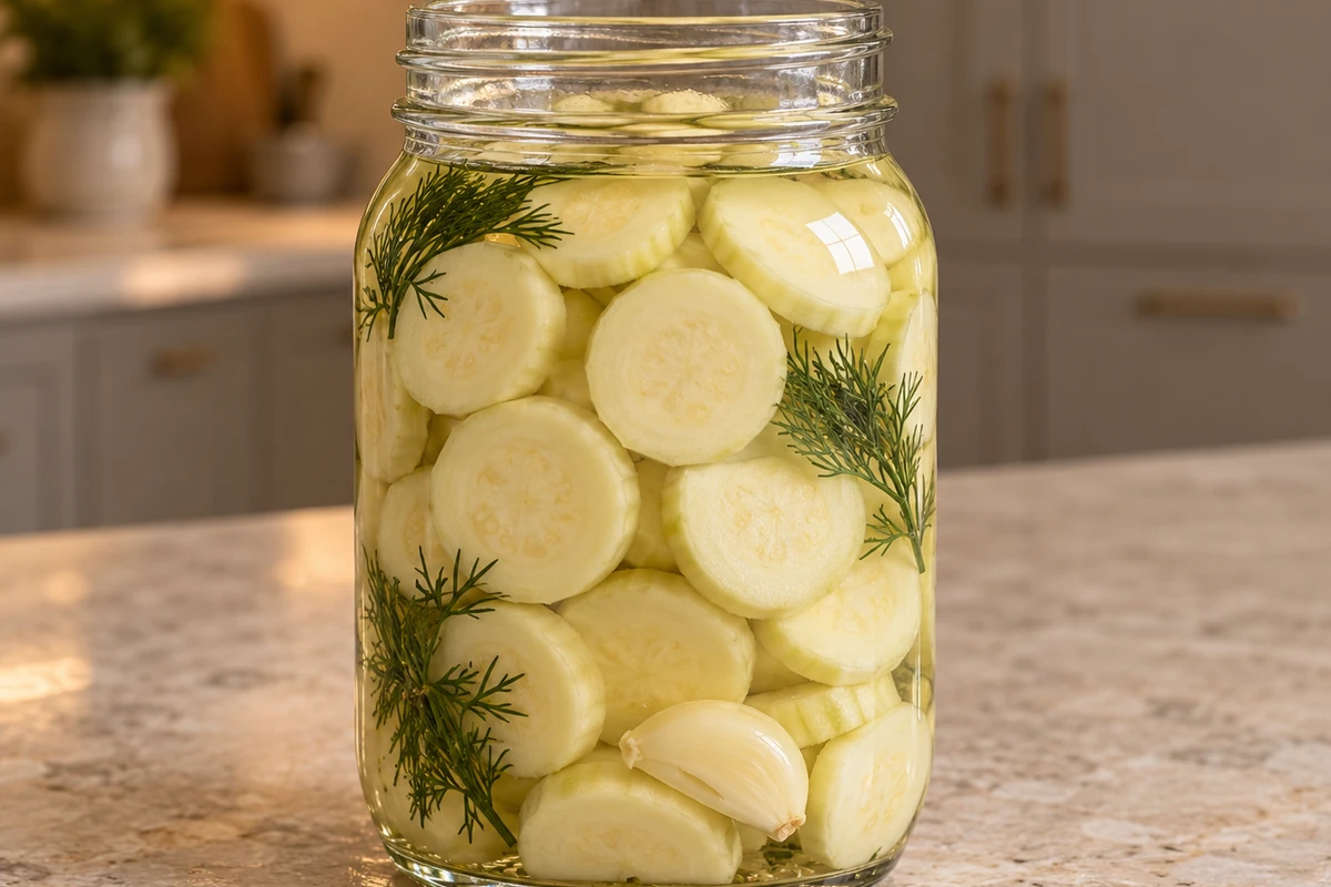 Peeled zucchini rounds submerged in hot vinegar brine while the jar cools