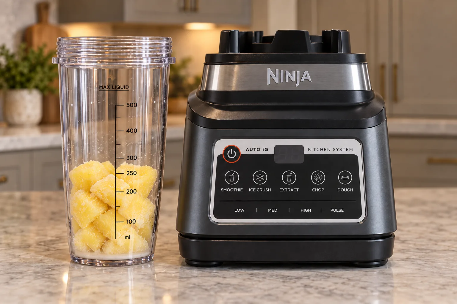 One cup frozen pineapple with one tablespoon homemade coconut milk beside the Ninja BN801