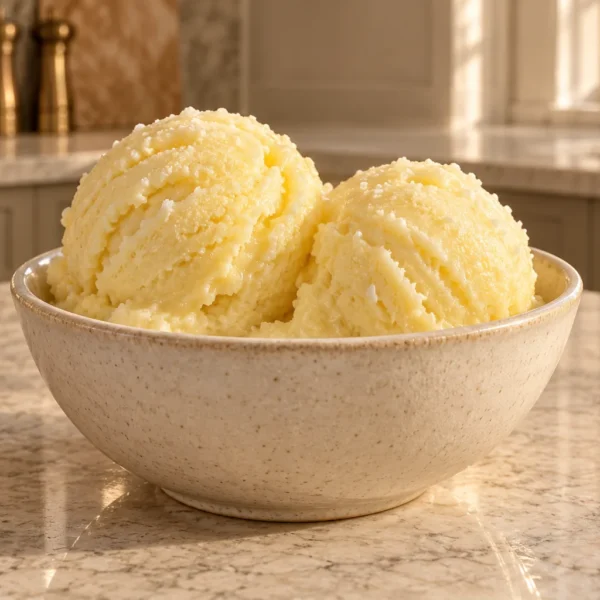 Two modest scoops of piña colada sorbet for Full GAPS in a small stoneware bowl