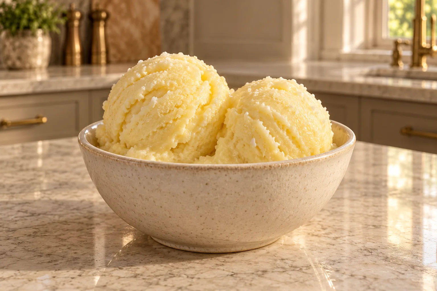Two modest scoops of pi&ntilde;a colada sorbet for Full GAPS in a small stoneware bowl