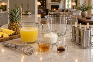 Fresh-pressed pineapple juice, cultured sour cream, raw honey, homemade vanilla, whisk, and molds