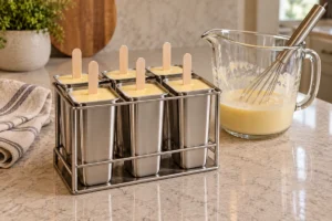 Stainless popsicle molds filled with pineapple sour cream mixture before freezing