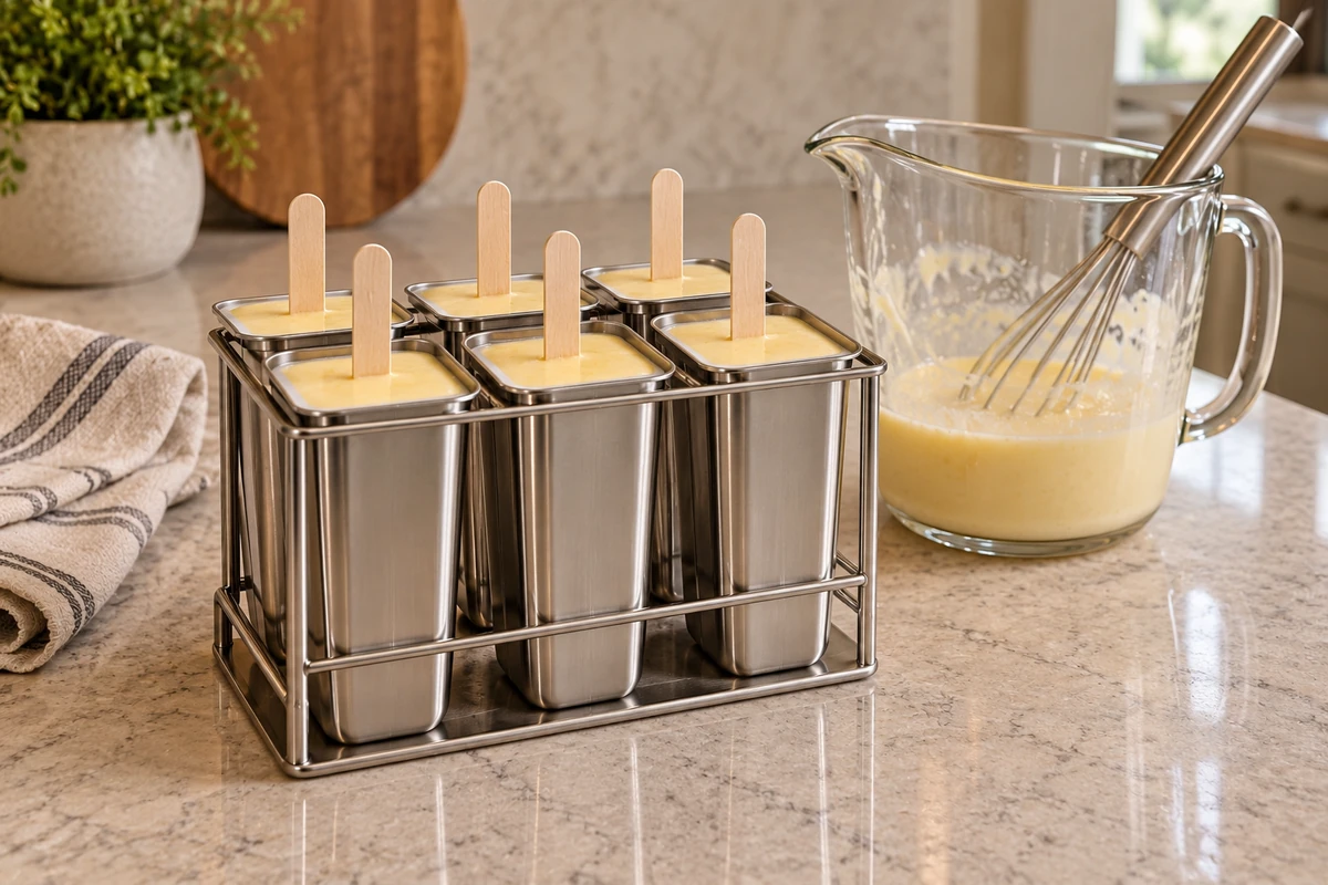 Stainless popsicle molds filled with pineapple sour cream mixture before freezing