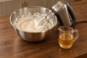 Soft lard ready beside cooled honey gelatin water before mixing