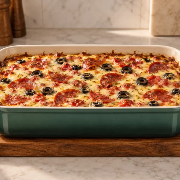 Crustless GAPS pizza bake casserole with aged cheese pepperoni tomato and olives