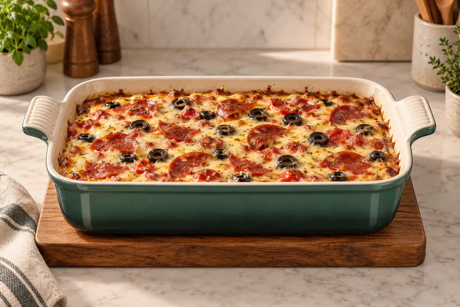 Crustless GAPS pizza bake casserole with aged cheese pepperoni tomato and olives