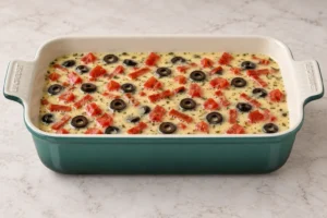 Unbaked pizza bake custard with tomato olives and pepperoni slivers in an Artichaut dish