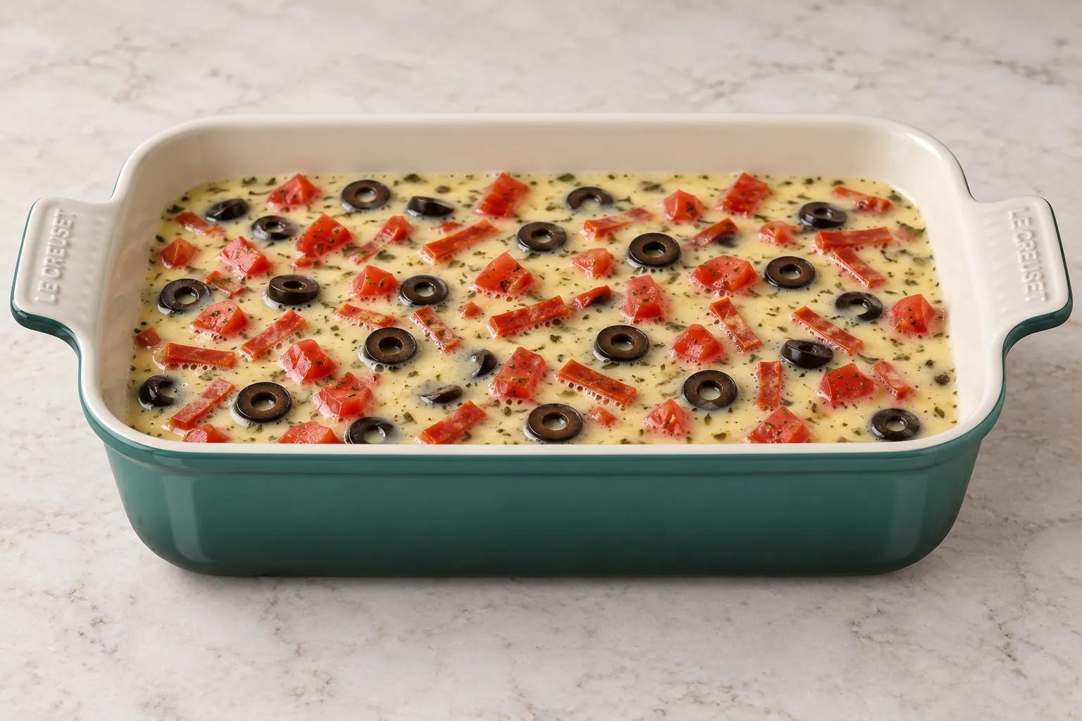Unbaked pizza bake custard with tomato olives and pepperoni slivers in an Artichaut dish