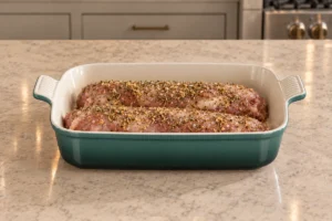 Herb-rubbed raw pork tenderloins in an Artichaut Le Creuset baking dish before citrus and water
