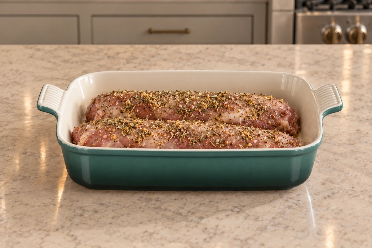 Herb-rubbed raw pork tenderloins in an Artichaut Le Creuset baking dish before citrus and water