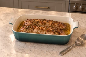 Roasted herb-crusted pork tenderloins resting in citrus pan juices