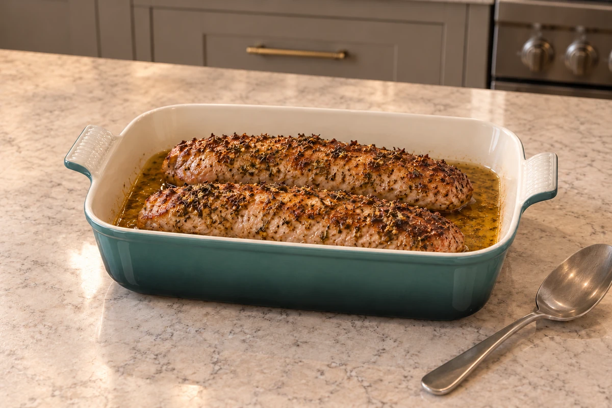 Roasted herb-crusted pork tenderloins resting in citrus pan juices