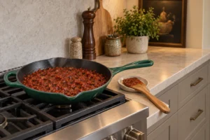 Thick portobello mushroom and tomato pizza sauce in the Le Creuset Artichaut skillet