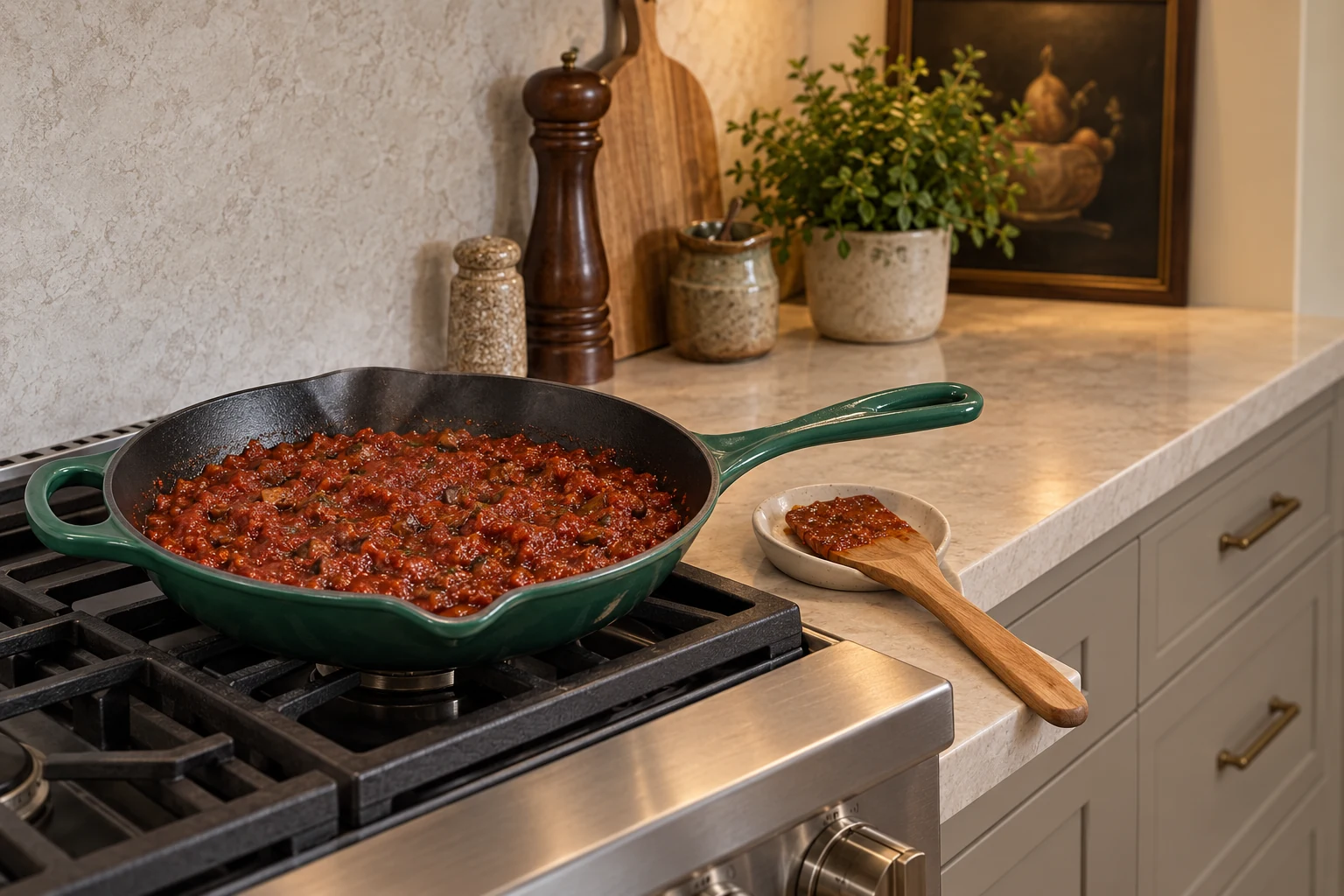 Thick portobello mushroom and tomato pizza sauce in the Le Creuset Artichaut skillet