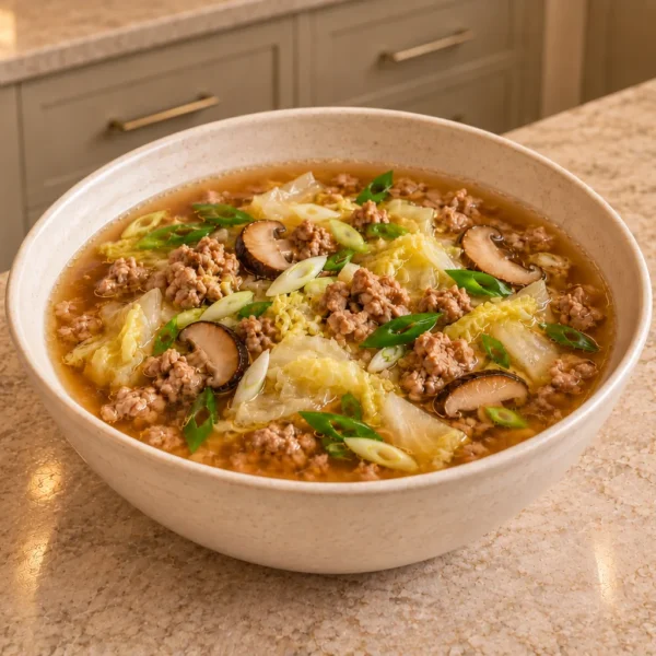 GAPS potsticker soup with pork, Napa cabbage, shiitake, and scallions in amber homemade meat stock