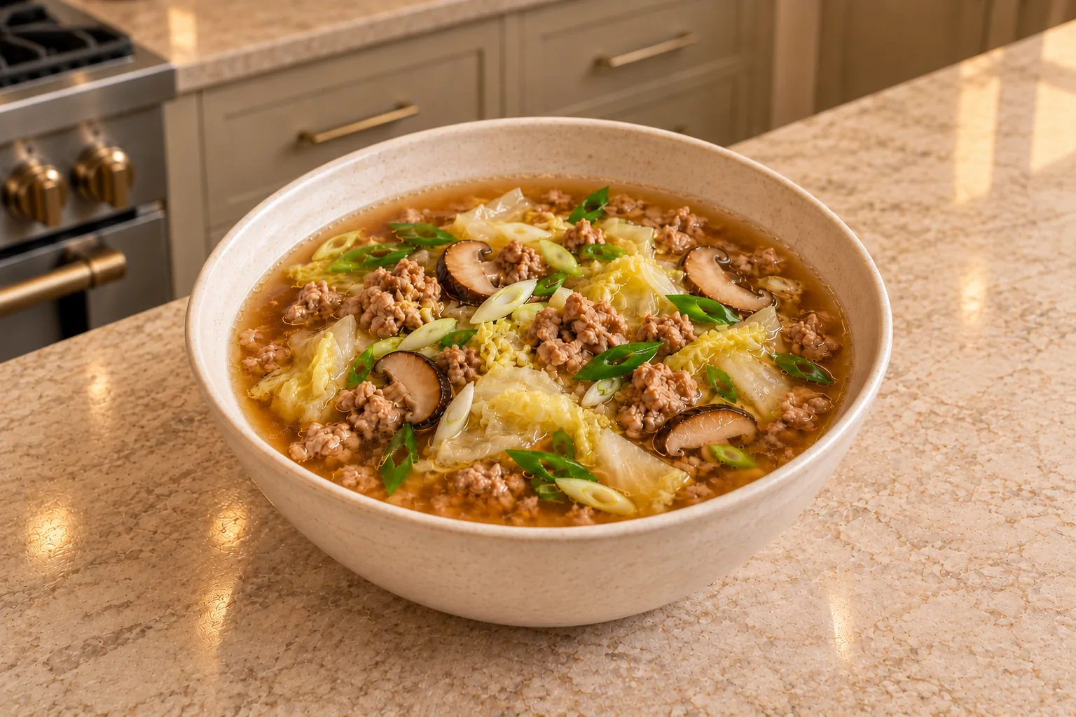 GAPS potsticker soup with pork, Napa cabbage, shiitake, and scallions in amber homemade meat stock