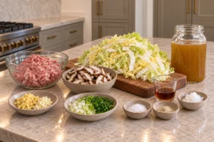 Measured pork, Napa cabbage, shiitake, scallions, meat stock, aromatics, seasonings, and cooking fat for GAPS potsticker soup