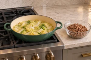 Glossy partly translucent Napa cabbage in an Artichaut braiser beside browned pork for GAPS potsticker soup