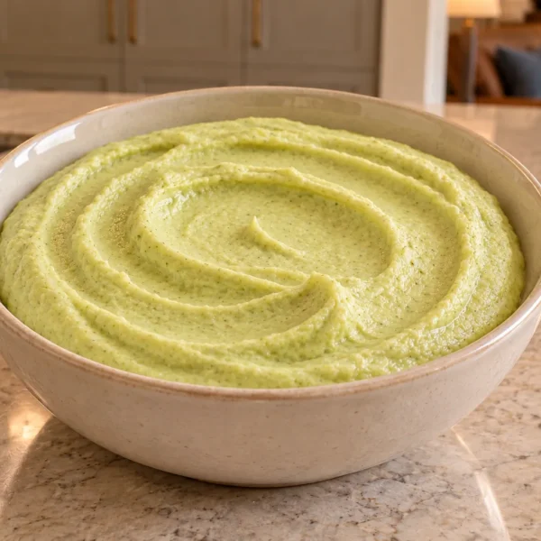 Smooth prepared zucchini hummus for Full GAPS in a ceramic bowl
