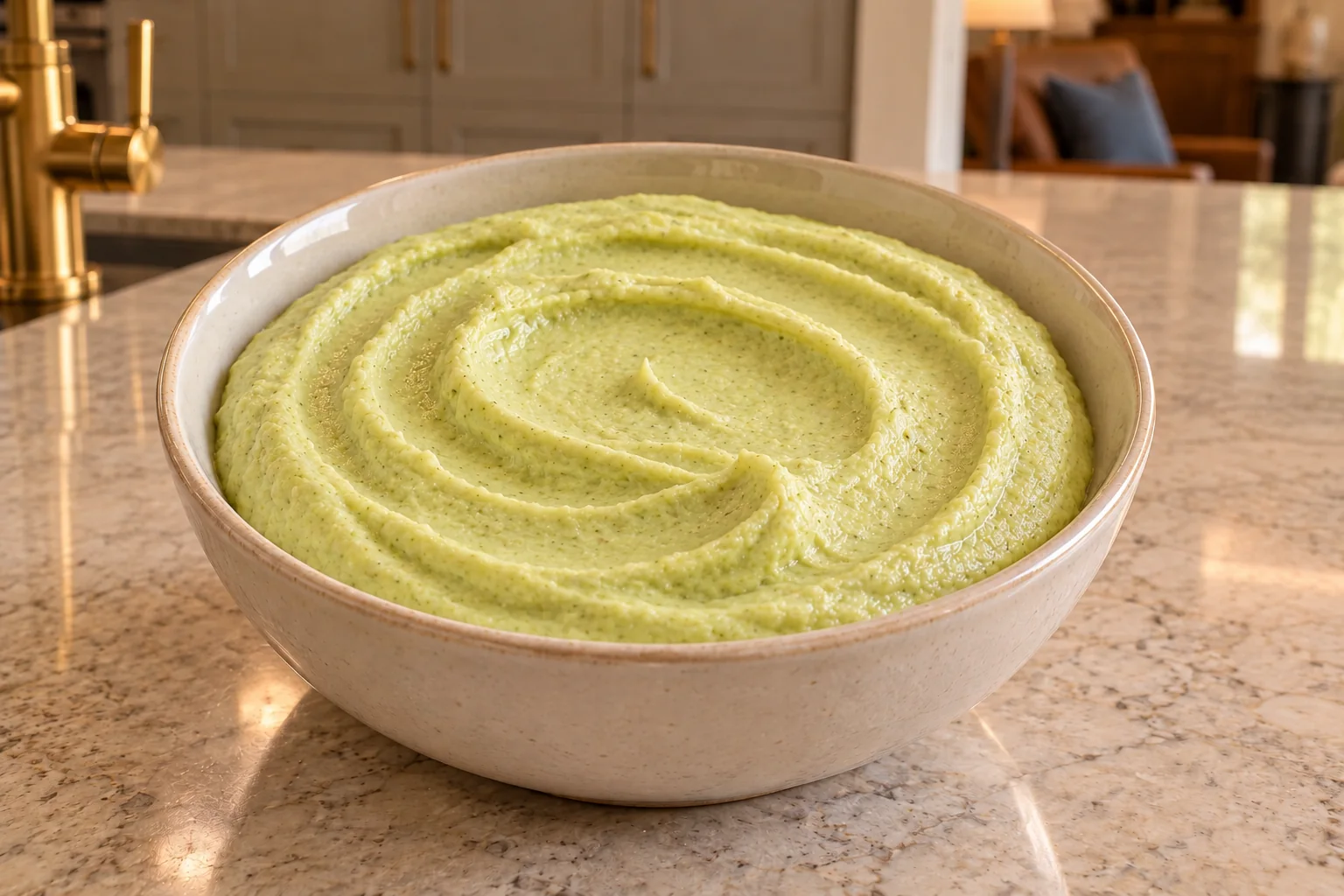 Smooth prepared zucchini hummus for Full GAPS in a ceramic bowl