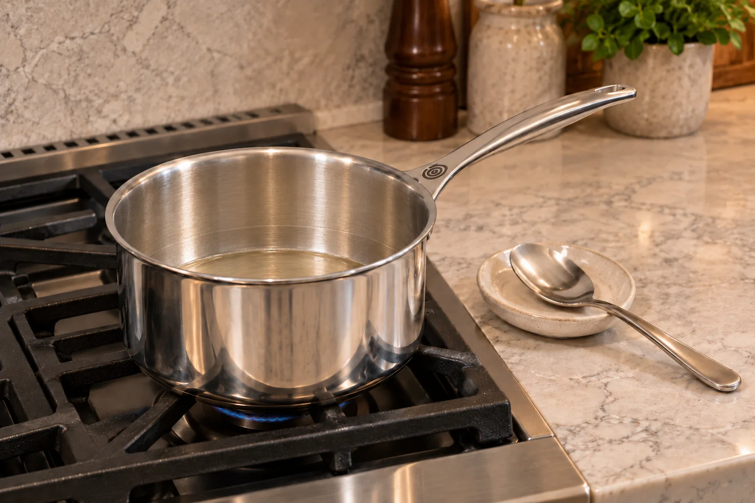 One-third cup gelatin water dissolving over low heat in a Le Creuset stainless saucepan