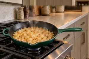 Diced onions wilting and beginning to brown in an Artichaut skillet