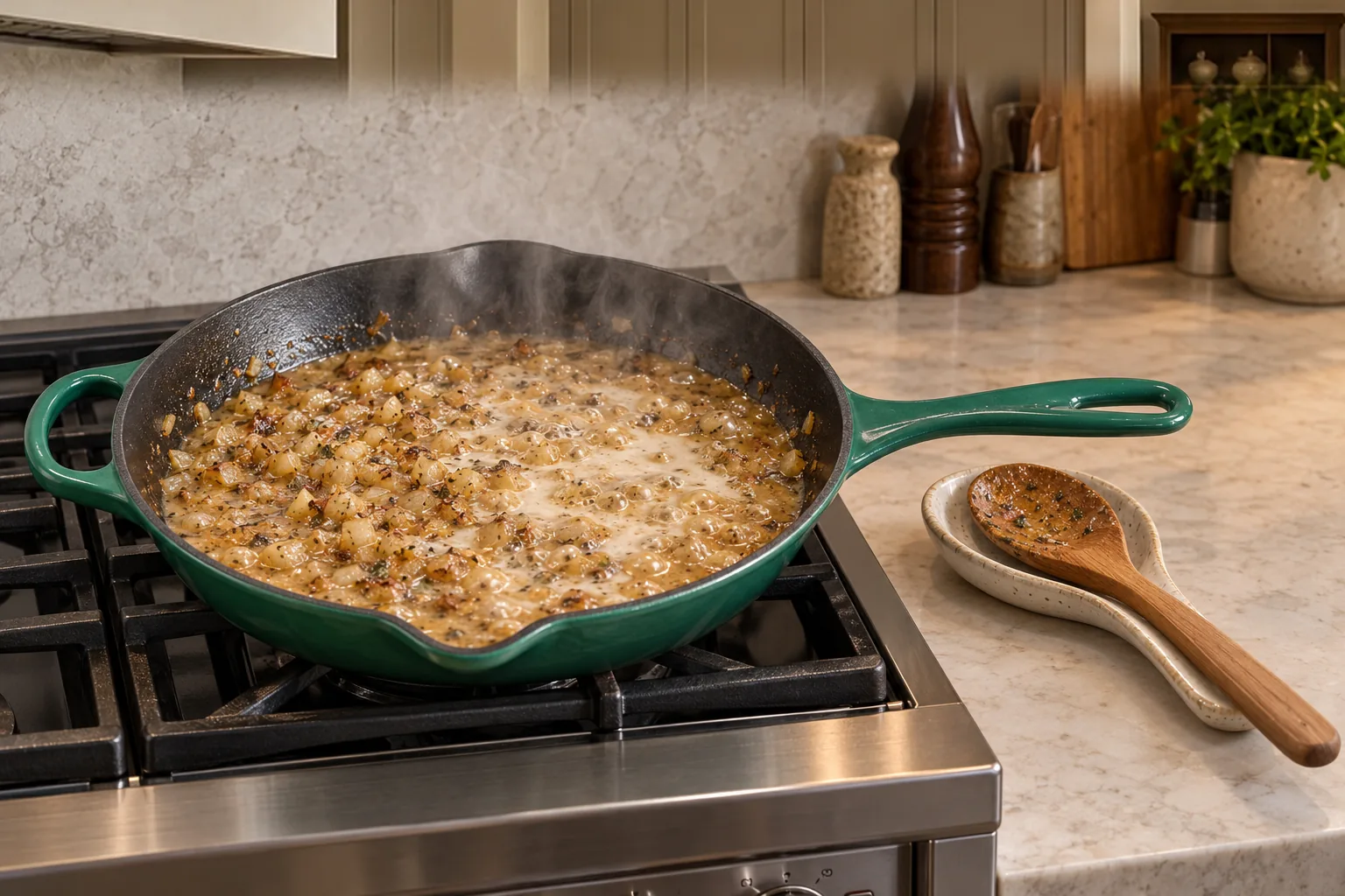 Homemade coconut milk simmering with browned onions and Puerto Rican spices
