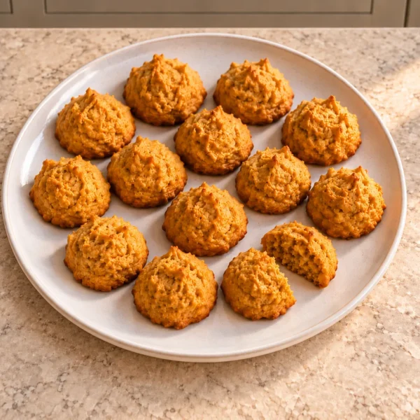 Tiny pumpkin almond flour cookie kisses with one broken cookie showing the tender center