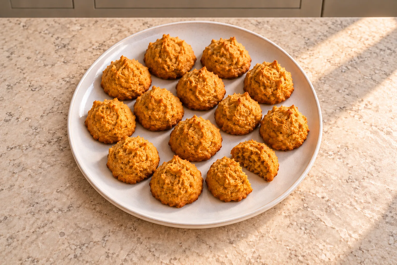 Tiny pumpkin almond flour cookie kisses with one broken cookie showing the tender center