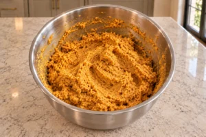 Thick pumpkin almond flour cookie dough after mixing, with spoon tracks and coated bowl walls