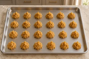 Small heaping-teaspoon pumpkin cookie mounds on a stainless steel baking sheet before baking