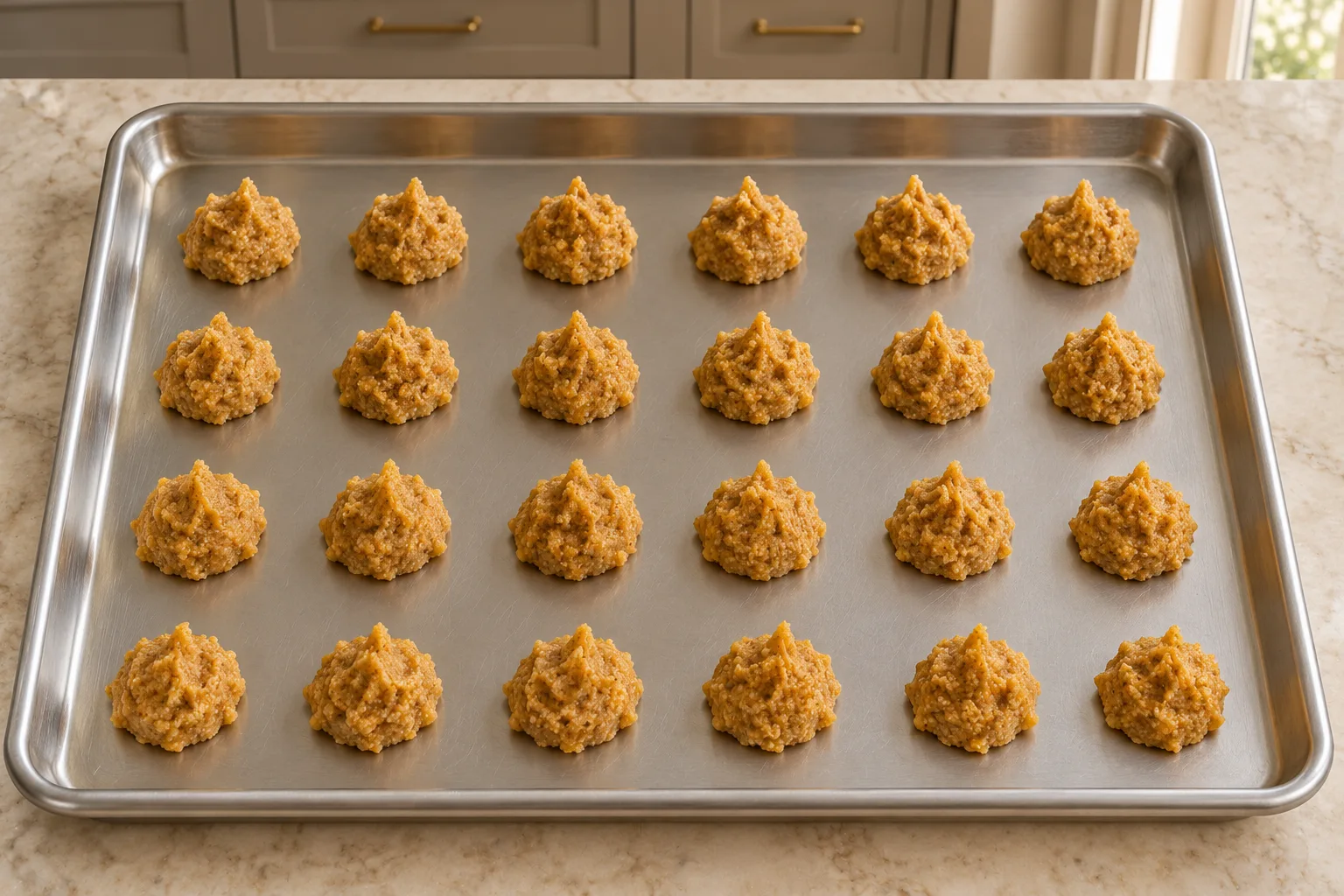 Small heaping-teaspoon pumpkin cookie mounds on a stainless steel baking sheet before baking