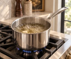 Dill and apple cider vinegar quick-pickle brine at a full boil in a stainless saucepan
