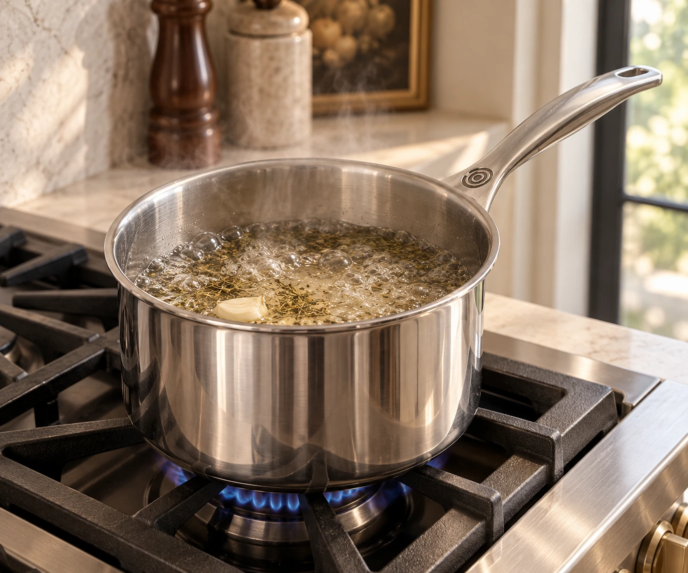 Dill and apple cider vinegar quick-pickle brine at a full boil in a stainless saucepan