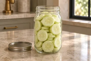 Peeled quarter-inch cucumber slices packed in a two-cup glass jar before adding brine
