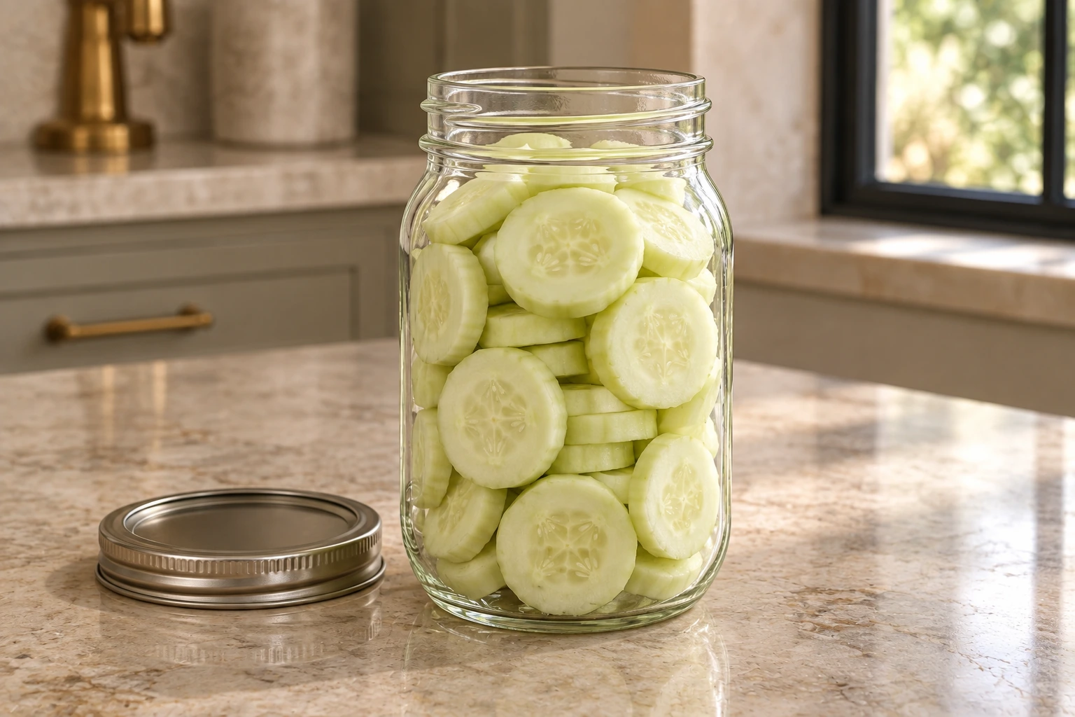 Peeled quarter-inch cucumber slices packed in a two-cup glass jar before adding brine