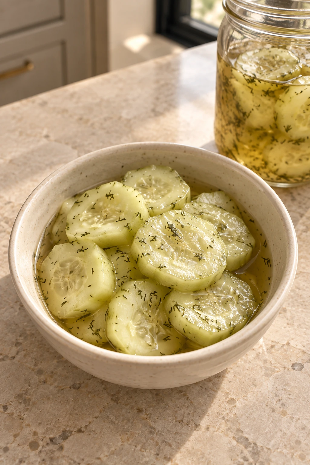 Chilled dill cucumber quick-pickle slices in a cream ceramic bowl