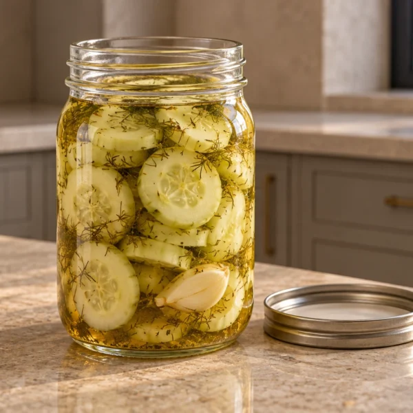 Full GAPS cucumber quick pickles with dill and garlic in a clear glass jar