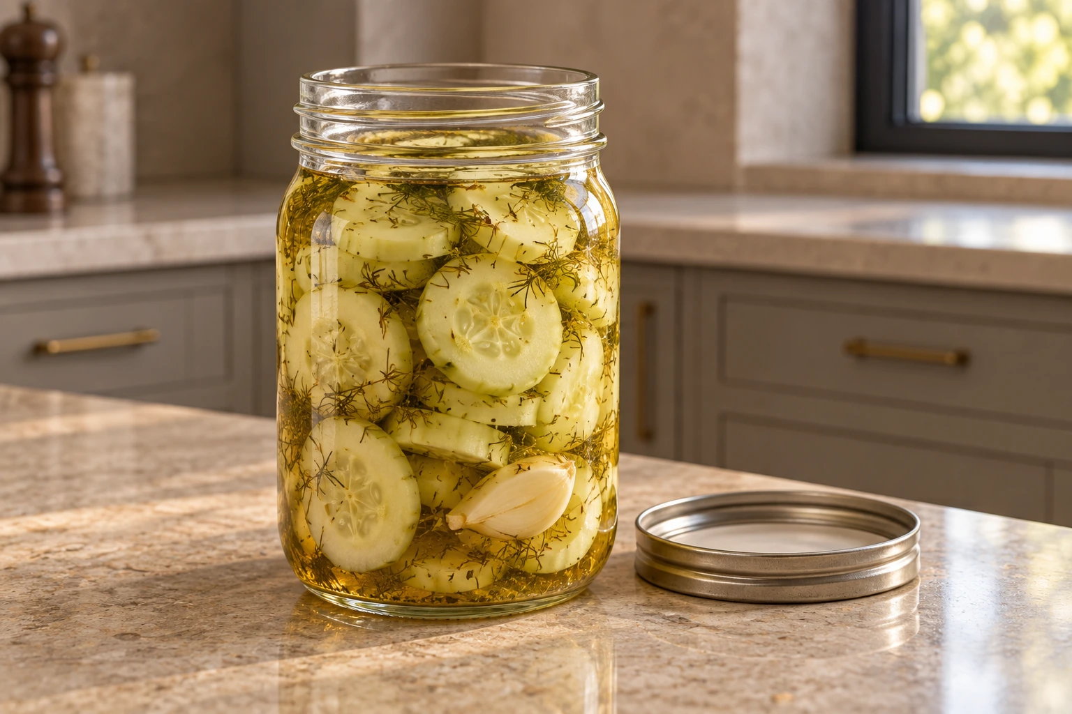 Full GAPS cucumber quick pickles with dill and garlic in a clear glass jar