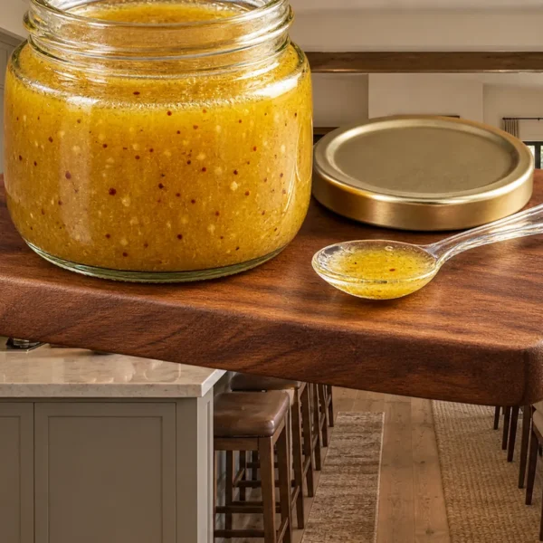 Golden raw honey-Dijon vinaigrette in a clear glass jar in the WFLI Photo House kitchen