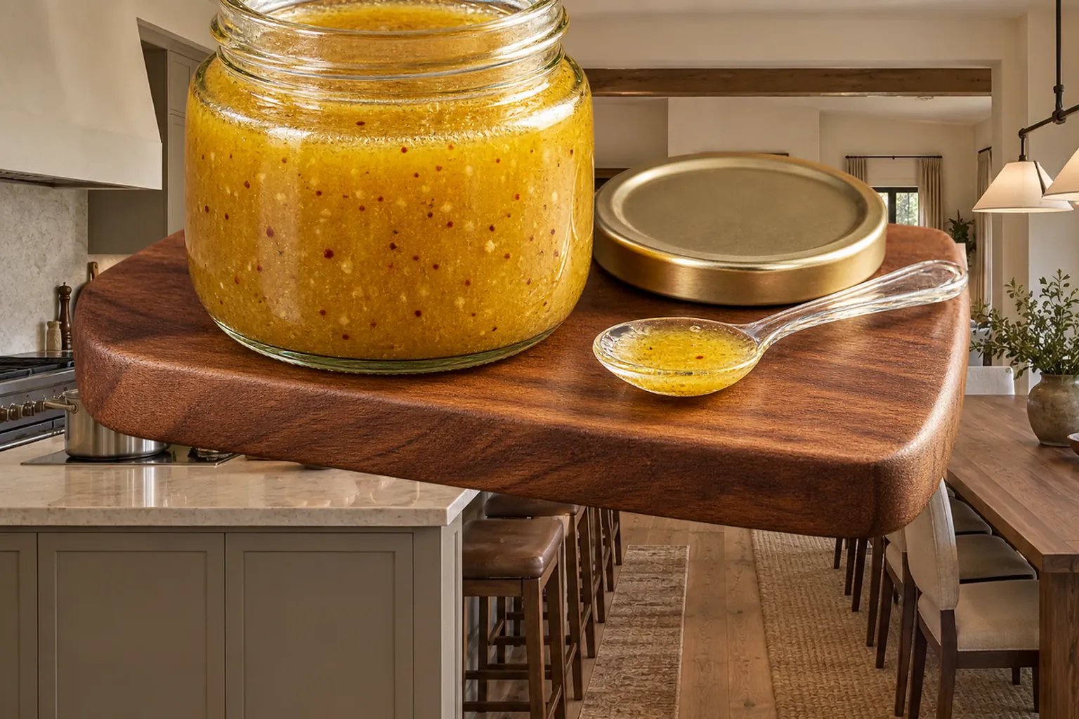 Golden raw honey-Dijon vinaigrette in a clear glass jar in the WFLI Photo House kitchen