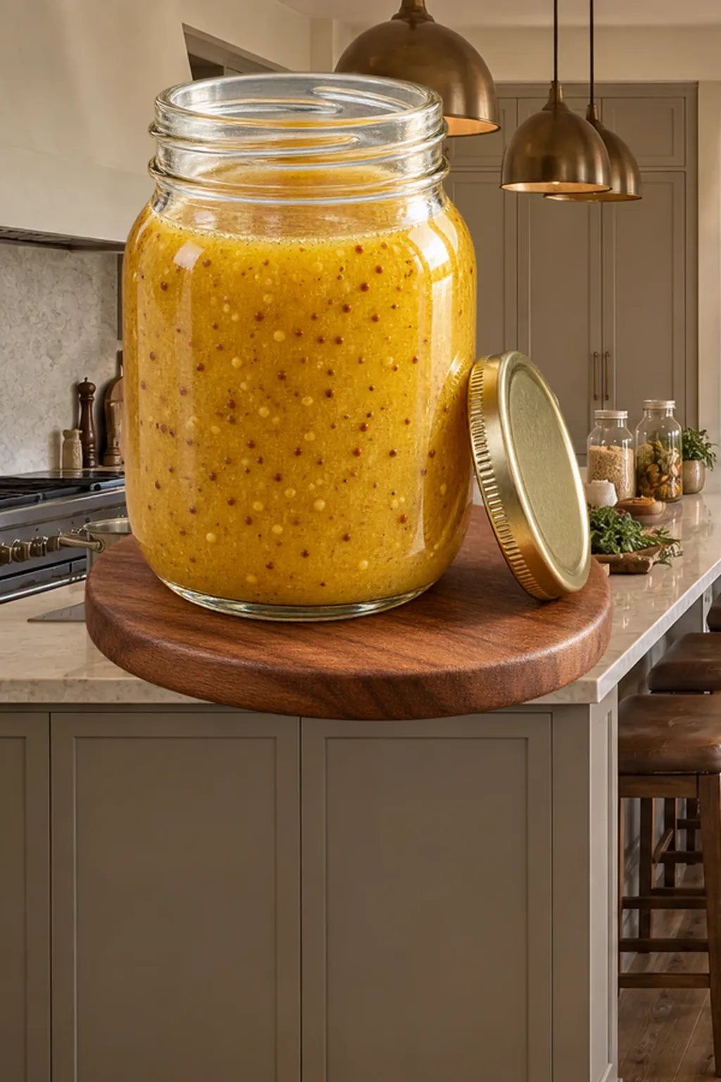 Golden raw honey-Dijon vinaigrette in a clear glass jar in the WFLI Photo House kitchen