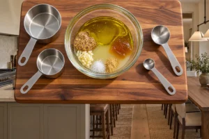 Olive oil, lemon juice, Dijon, raw honey, garlic, sea salt, and ginger separated in a glass bowl
