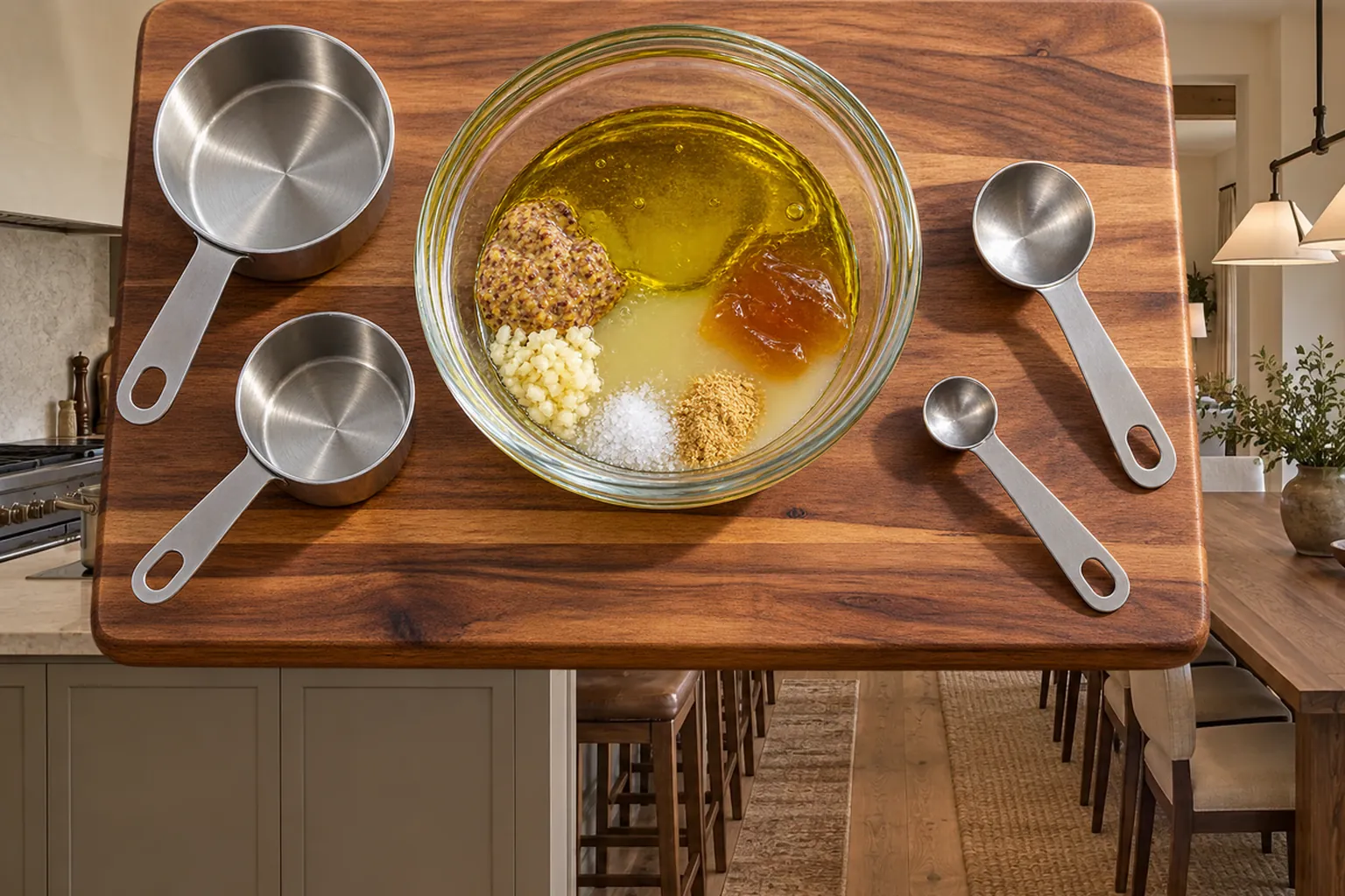 Olive oil, lemon juice, Dijon, raw honey, garlic, sea salt, and ginger separated in a glass bowl