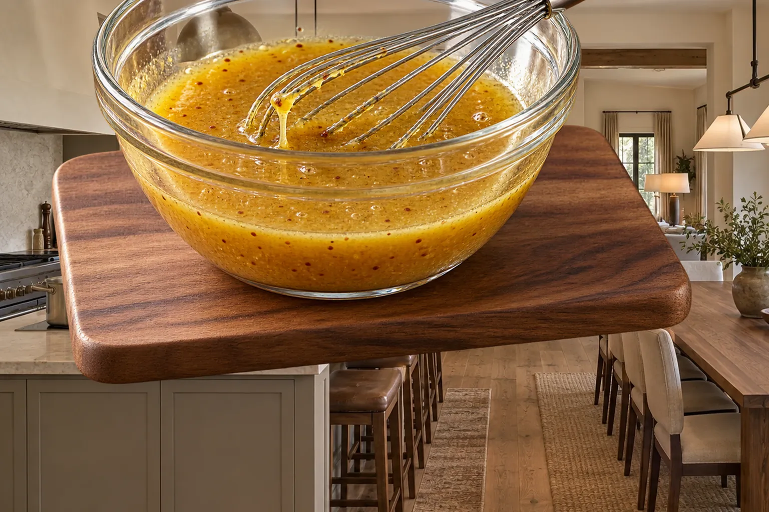 Evenly golden raw honey-Dijon vinaigrette with a supported stainless whisk