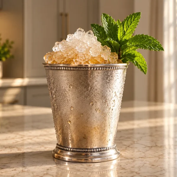 Raw honey mint julep for Later Full GAPS in a frosted silver cup