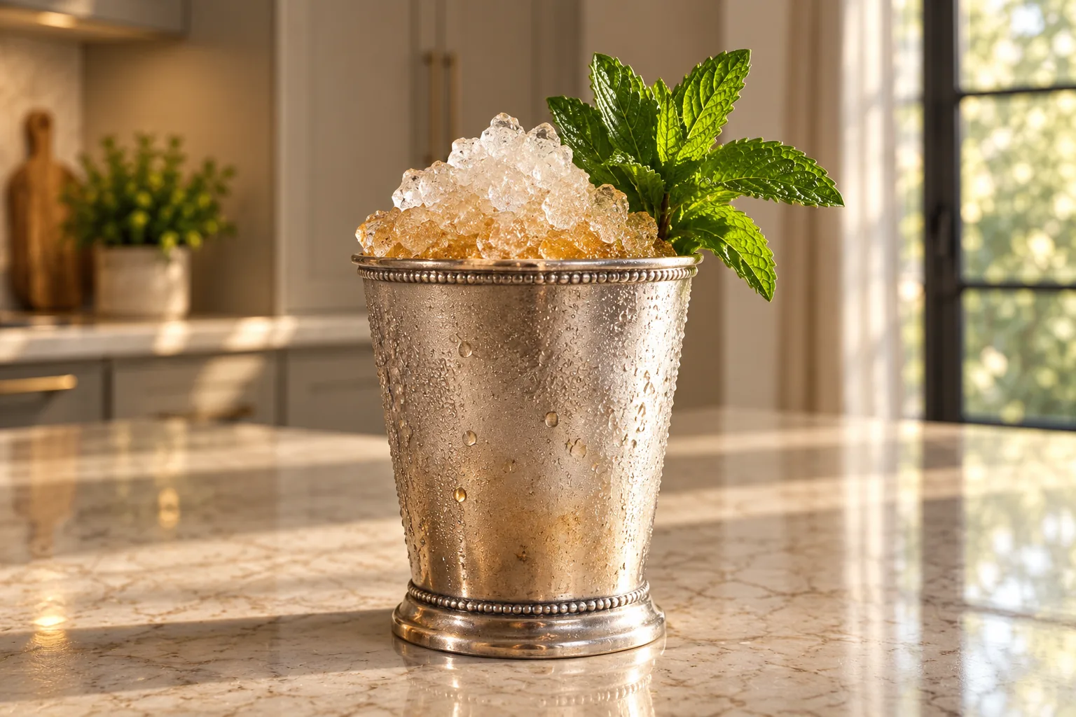 Raw honey mint julep for Later Full GAPS in a frosted silver cup