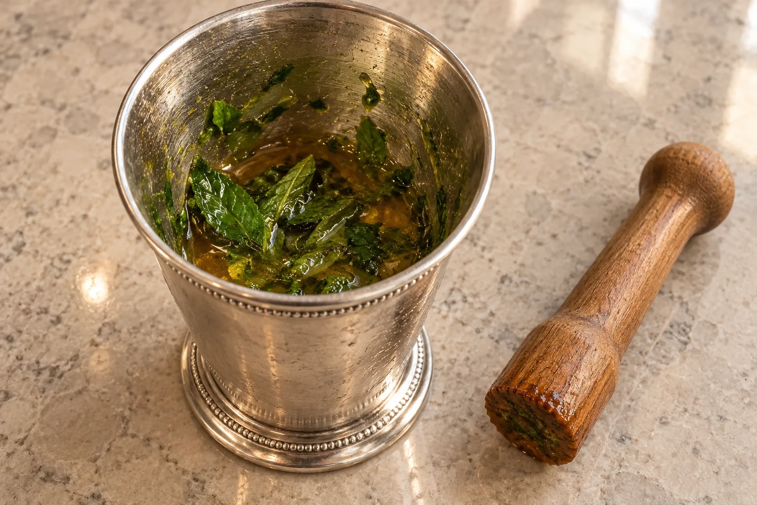 Fresh spearmint muddled with raw honey inside a silver julep cup