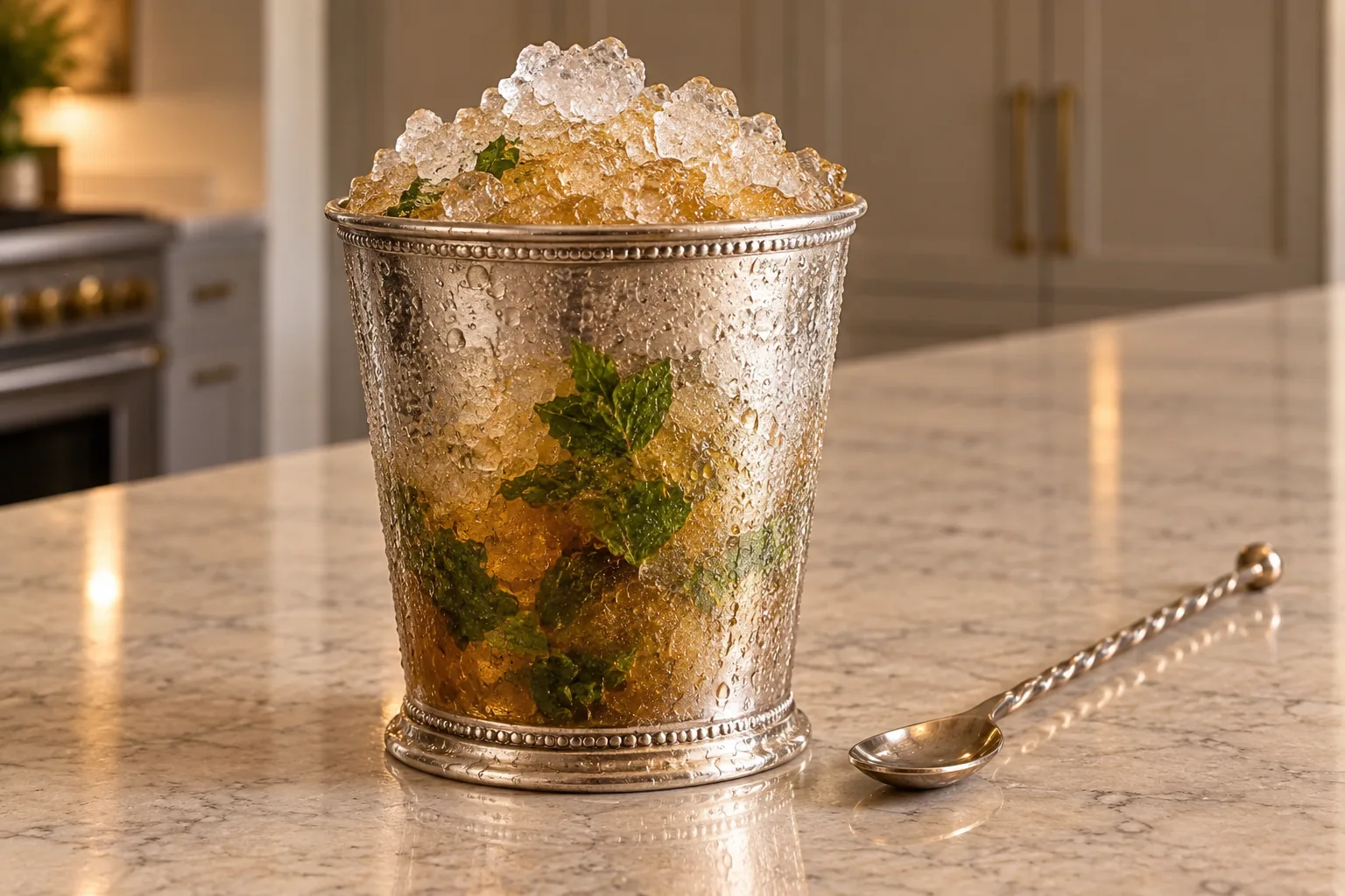 Bourbon raw honey and mint stirred with crushed ice until the julep cup frosts