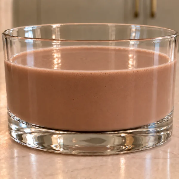 Raw milk chocolate milk with honey for Later Full GAPS in a clear glass on the warm WFLI kitchen island
